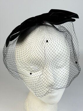 Vintage Black Velvet Birdcage Veil Fascinator Hat with Bow Polka Dot Netting